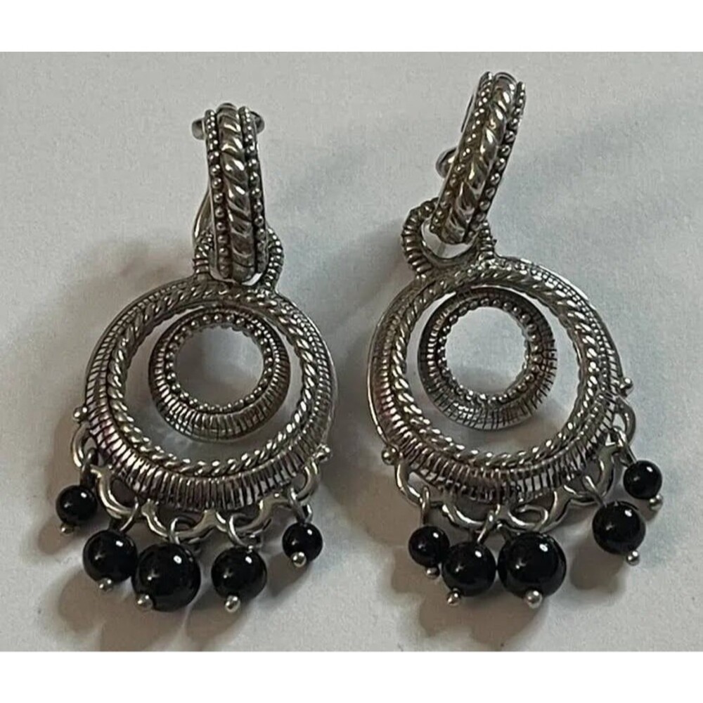 Judith Ripka Sterling Silver and Black Onyx Dangle Omega Back Earrings
